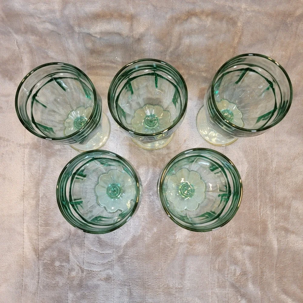 VTG Libbey Duratuff Goblets Set‎ of 5 Spanish Green Paneled Iced Tea Glass 12oz